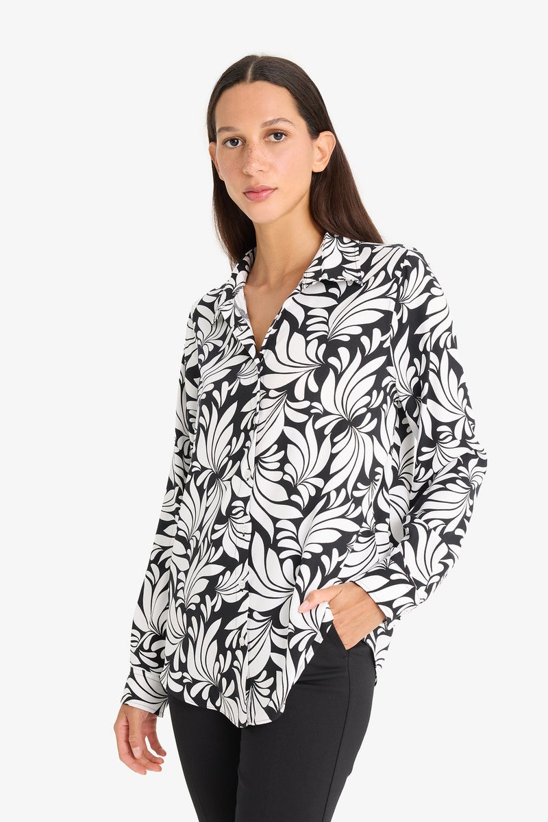 DeFacto Black Woman Regular Fit Shirt Collar Printed Long Sleeve Shirt Casual - Image 4